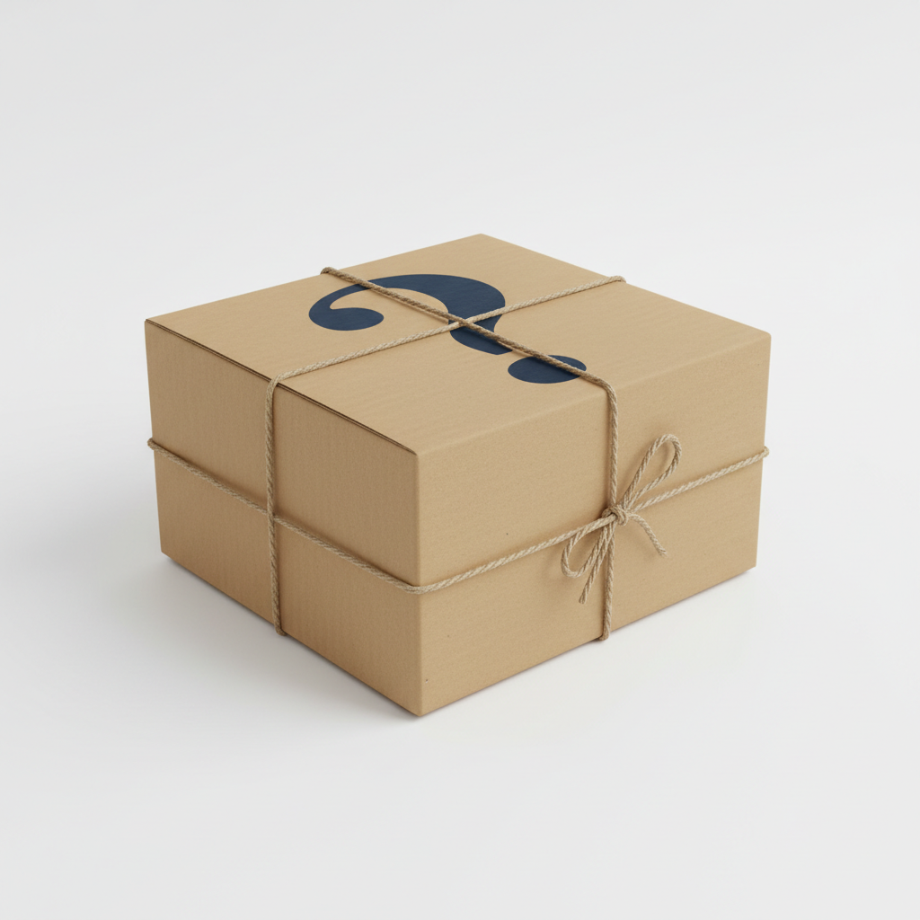 Mystery Box Parcel — Medium, a brown cardboard shipping parcel with a bold question mark