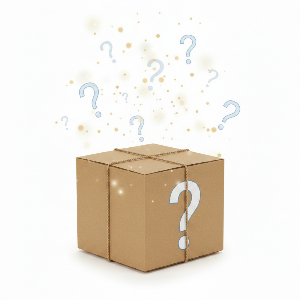 Mystery Box Parcel — Small, a brown cardboard shipping parcel with a mystery question mark