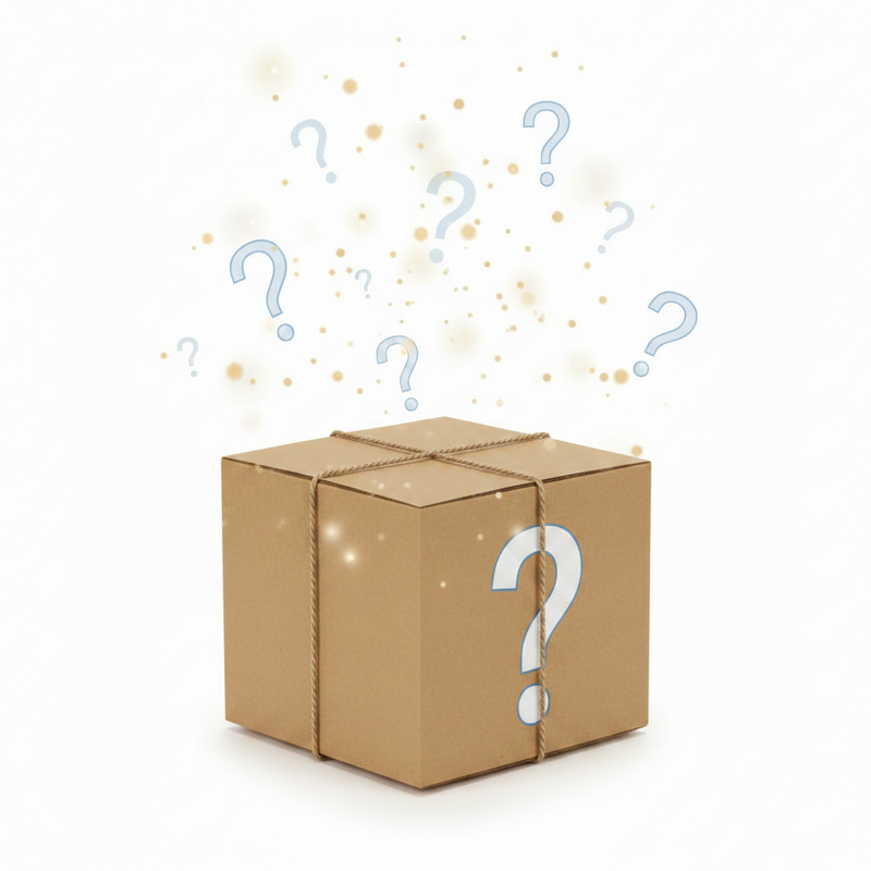 Mystery Box Parcel — Small, a brown cardboard shipping parcel with a mystery question mark