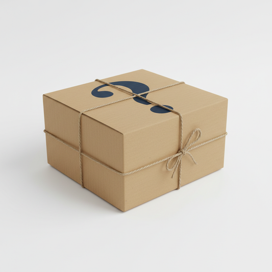 Mystery Box Parcel — Medium, a brown cardboard shipping parcel with a bold question mark