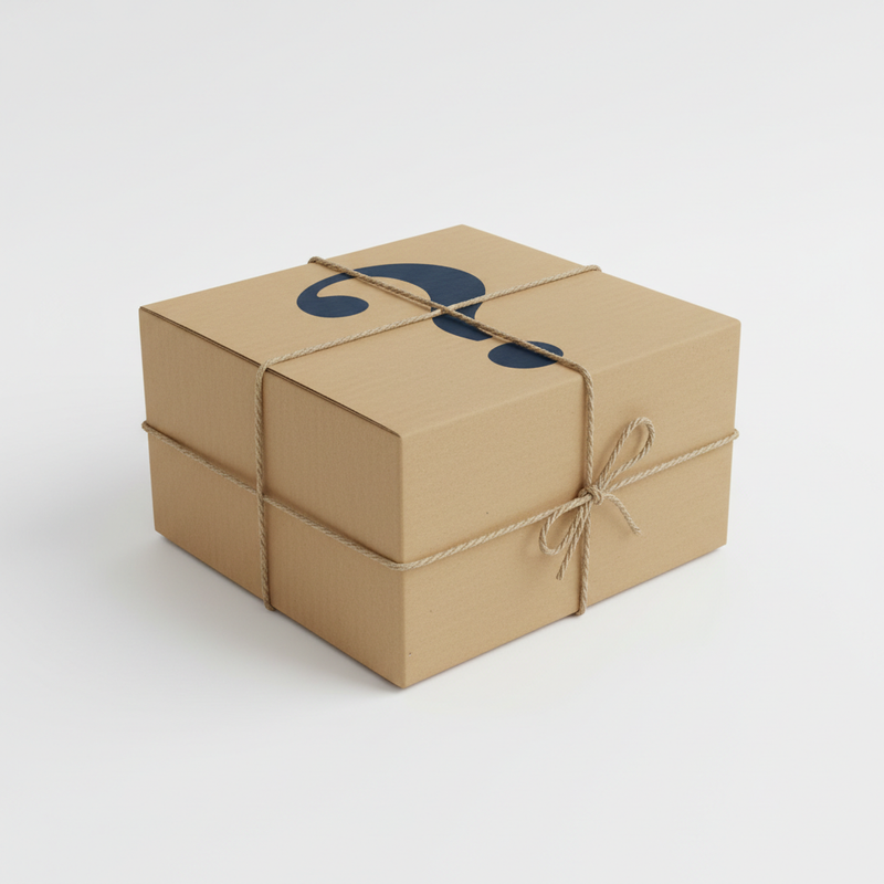 Mystery Box Parcel — Medium, a brown cardboard shipping parcel with a bold question mark