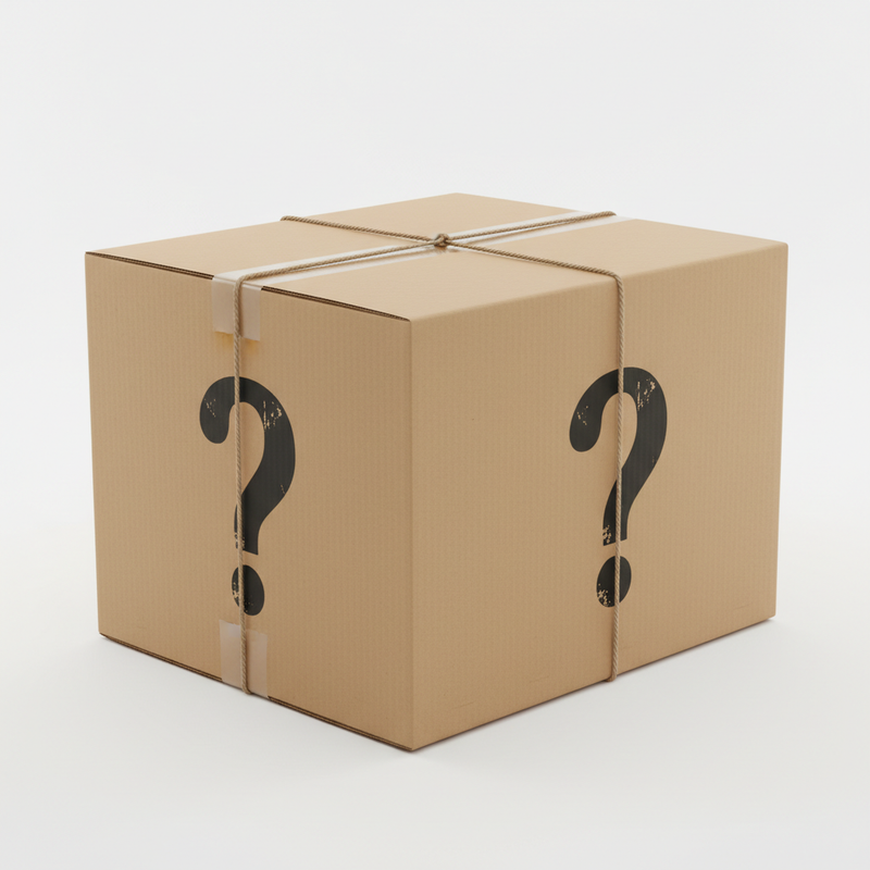 Mystery Box Parcel — Large, a big brown cardboard shipping parcel with a bold question mark